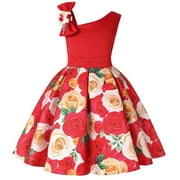 Baby Girls One Shoulder Dress, Toddler Girls Princess Dress, Little Girls Party Wedding Formal Dress, Rose Print Kids Pageant Flower Girl Sleeveless Dress Red (10-11 Years)